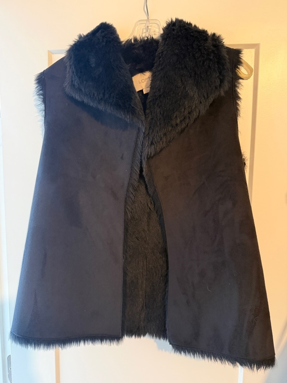 LOFT Black Faux Fur Trim Vest